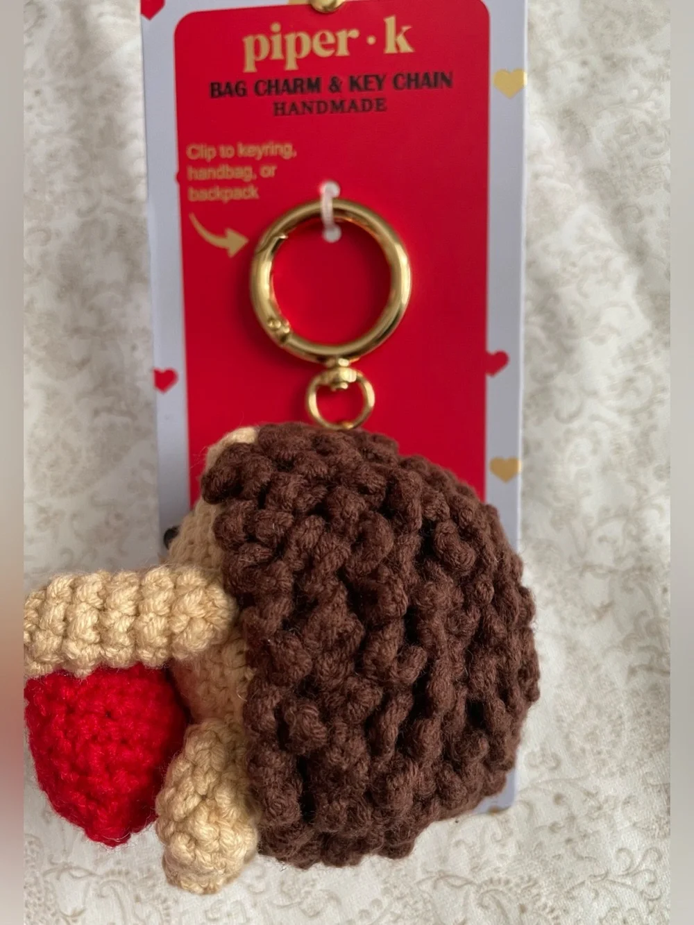 Piper K Handmade Crochet Hedgehog Bag Charm Key Chain Backpack Heart NEW
